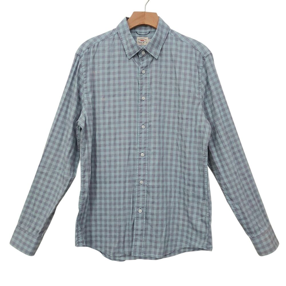 Faherty Shirt Mens Medium Blue Checked Cotton Long-Sleeve Button Casual Office